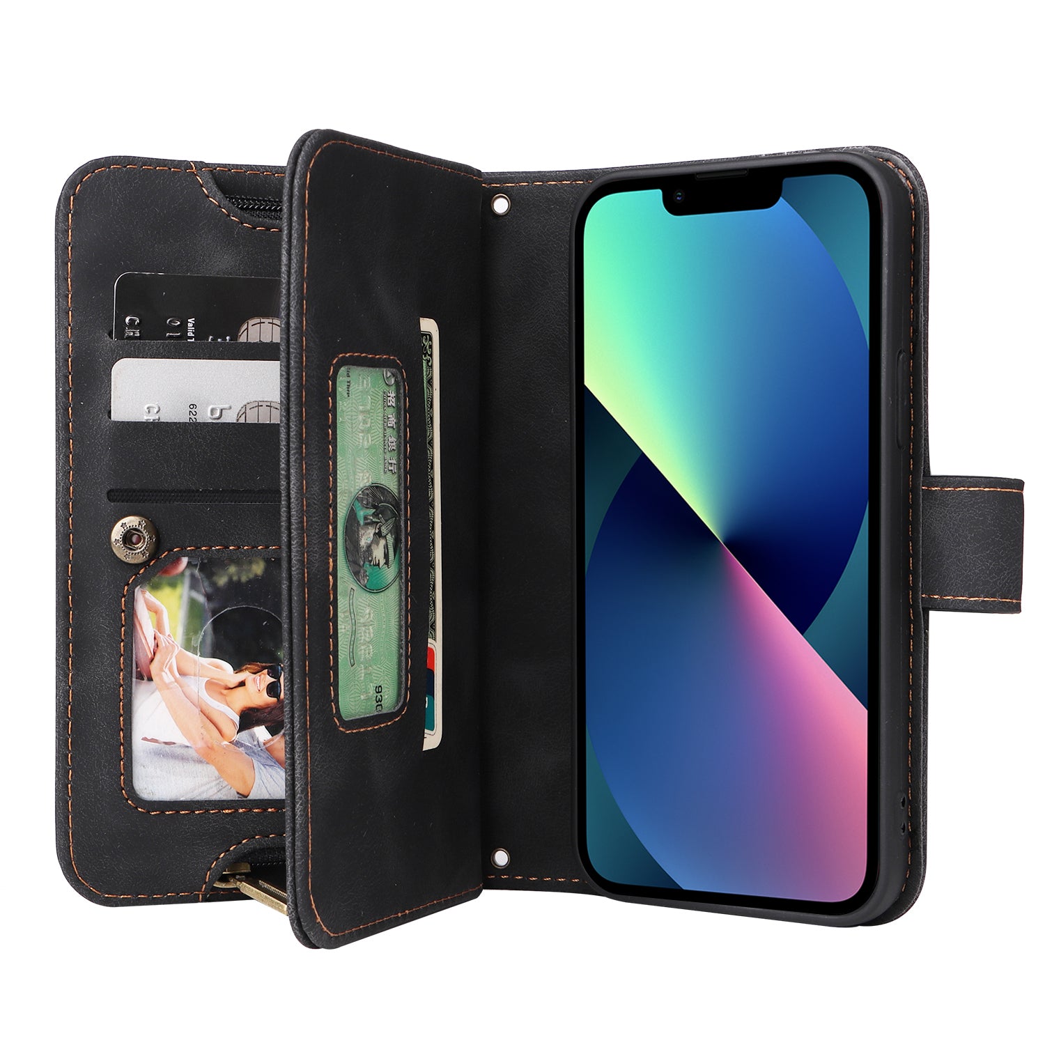 Multifunkční pouzdro na telefon iPhone 13 PU kožený stojánek na zip kapsa na peněženku Kryt na telefon s popruhy Multifunkční pouzdro na telefon iPhone 13 PU kožený stojánek na zip kapsa na peněženku Kryt na telefon s popruhy